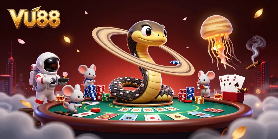 Experience exciting gambling at VU88 with a cosmic poker scene featuring astronaut mice and a golden jellyfish dealer.