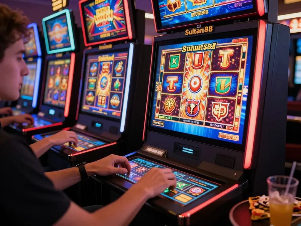 Engaging in sultan88 slot games at a vibrant online casino setup.