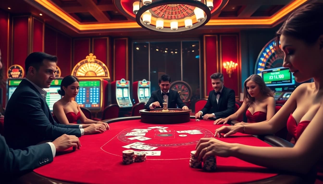 A vibrant poker scene showcasing gambling excitement at https://rr88.auction/ with luxury casino elements and engaged players.