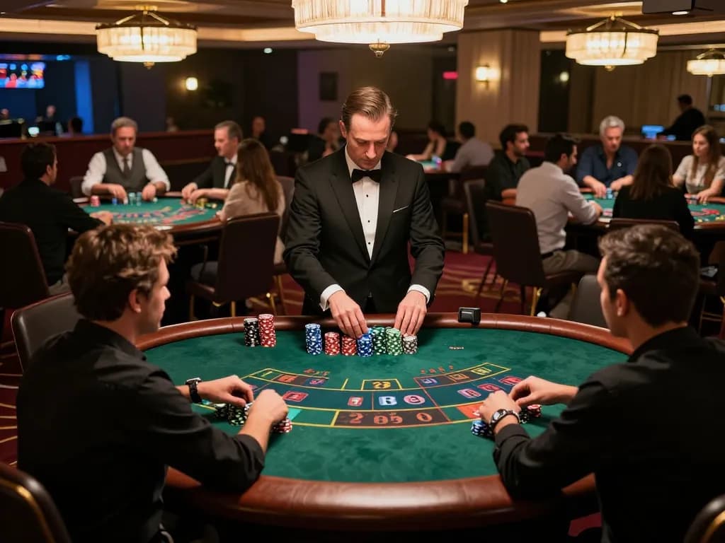 KADAL778 blackjack players engaged in strategic gameplay at a vibrant casino table.