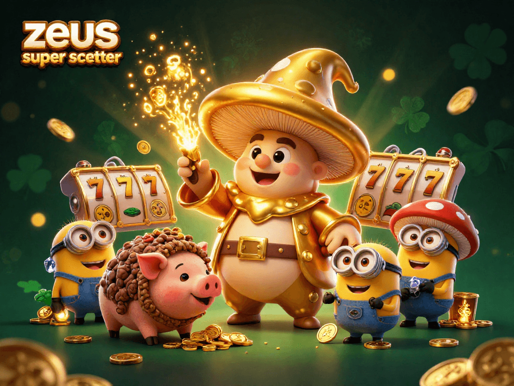 Experience winning spins with zeus super scatter in this vibrant casino-themed illustration.