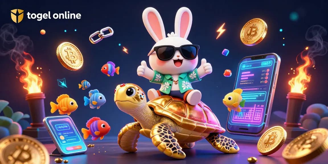 Engage with togel online in this vibrant 3D illustration featuring a lucky rabbit and a golden sea turtle.