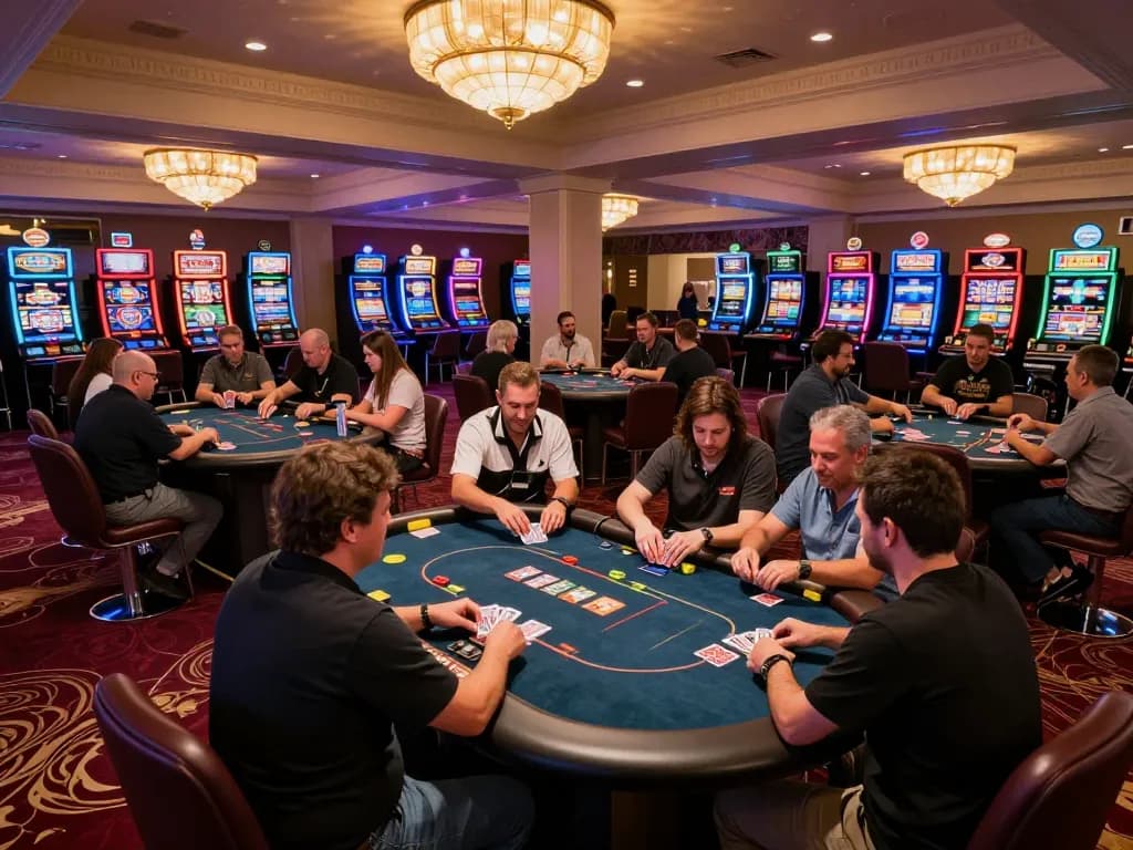 Players engaged in strategic poker gameplay at a TR88 casino, vibrant atmosphere with colorful lights.