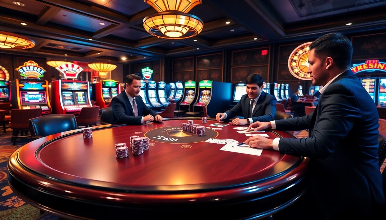 Excited players engage in a thrilling poker game at 23win's luxurious casino table.