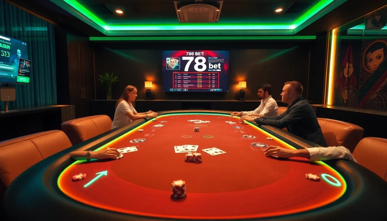 Exciting online gaming scene showcasing 789 bet with poker table and virtual cards.