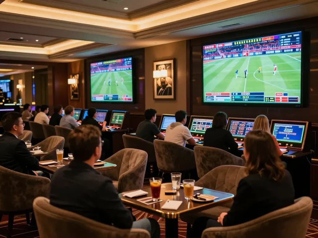 Excited bettors engaging in sports betting at a luxurious casino lounge while using g28tv for the best odds.