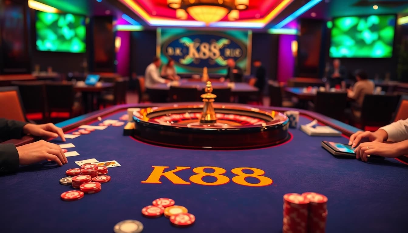 K88 players engaging in an exciting poker game at a luxurious casino table.