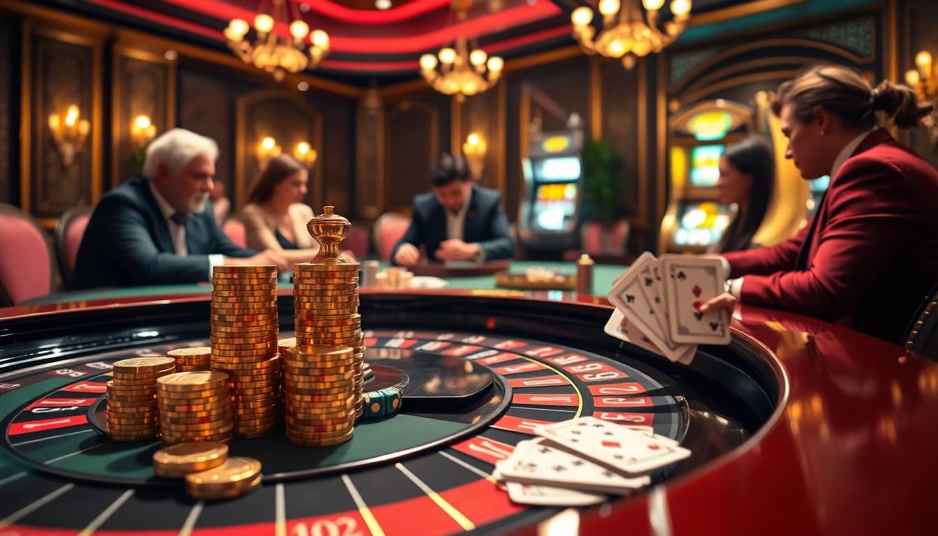 Players enjoying the thrill of high-stakes gaming at 789P casino, featuring poker and roulette.