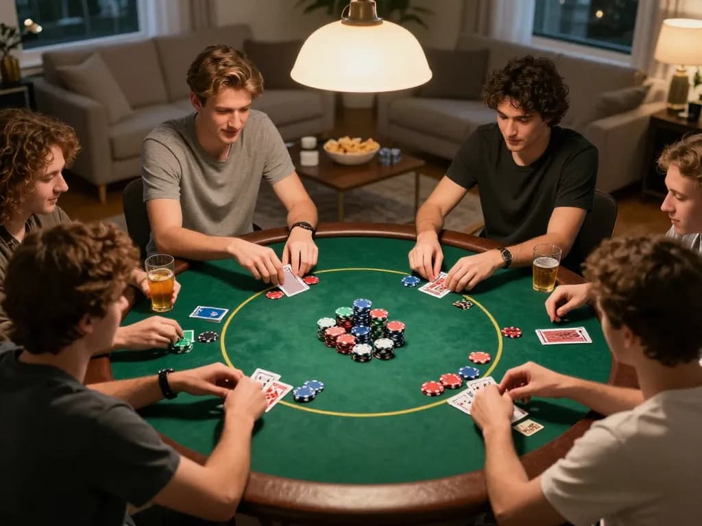 Kuwin poker night scene with friends playing Texas Hold'em, showcasing chips and cards in a warm home setting.