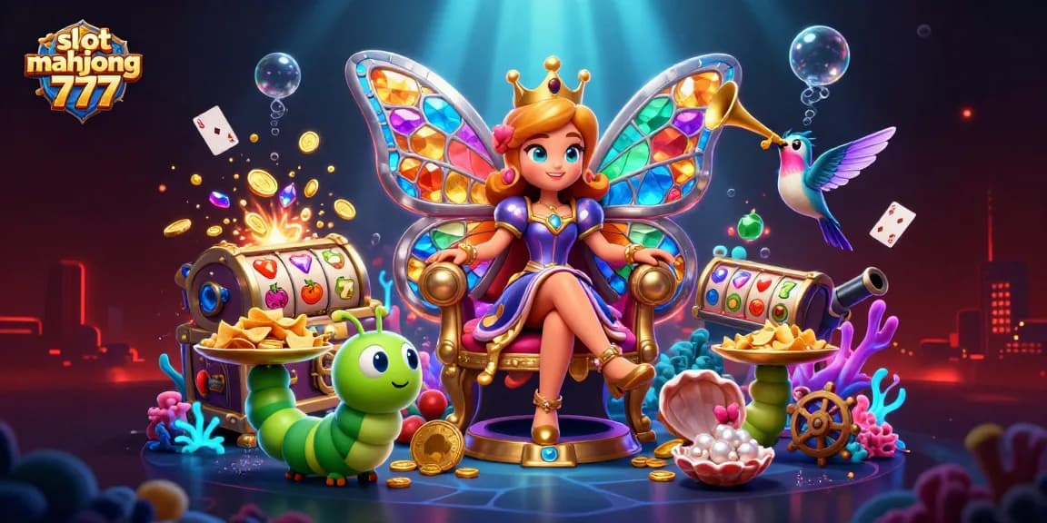 Engage with slot mahjong 777 featuring a vibrant scene of a colorful butterfly queen and treasures.