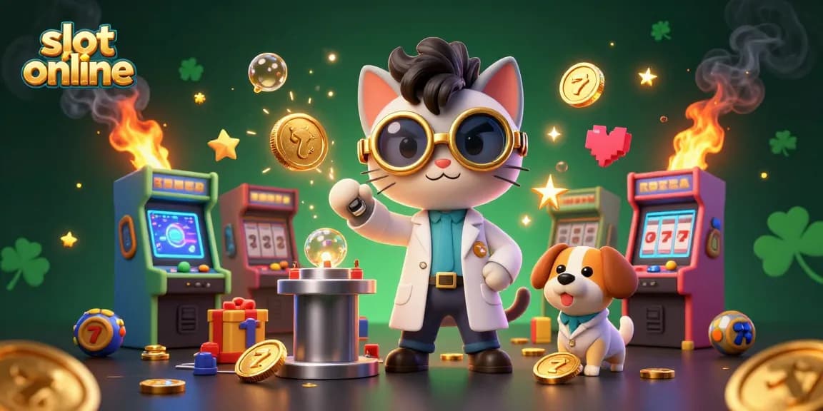 Spin the reels with slot online excitement, as cartoon scientists create gold coins in a vivid casino lab.