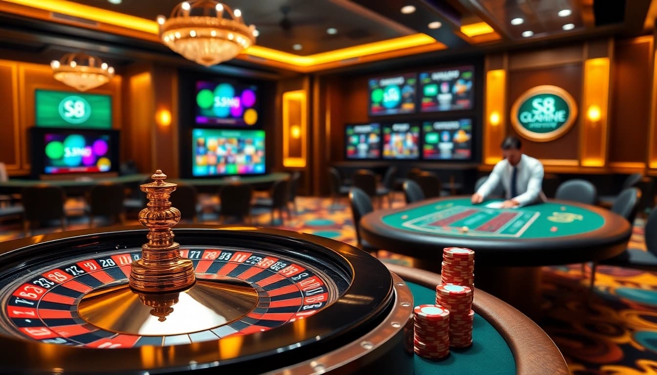 S8 game players engage at the blackjack table amidst a luxurious casino environment.