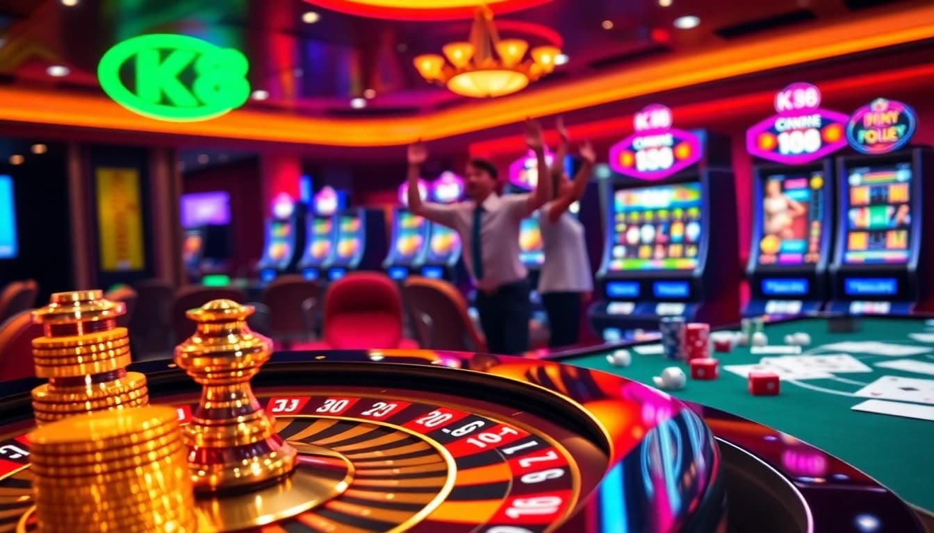 K88 players celebrating a big win at a vibrant online casino with roulette and neon lights.