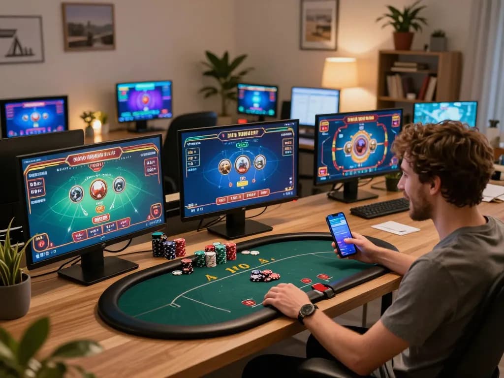 mm88 player engaged in online betting with multiple screens and a cozy home setup