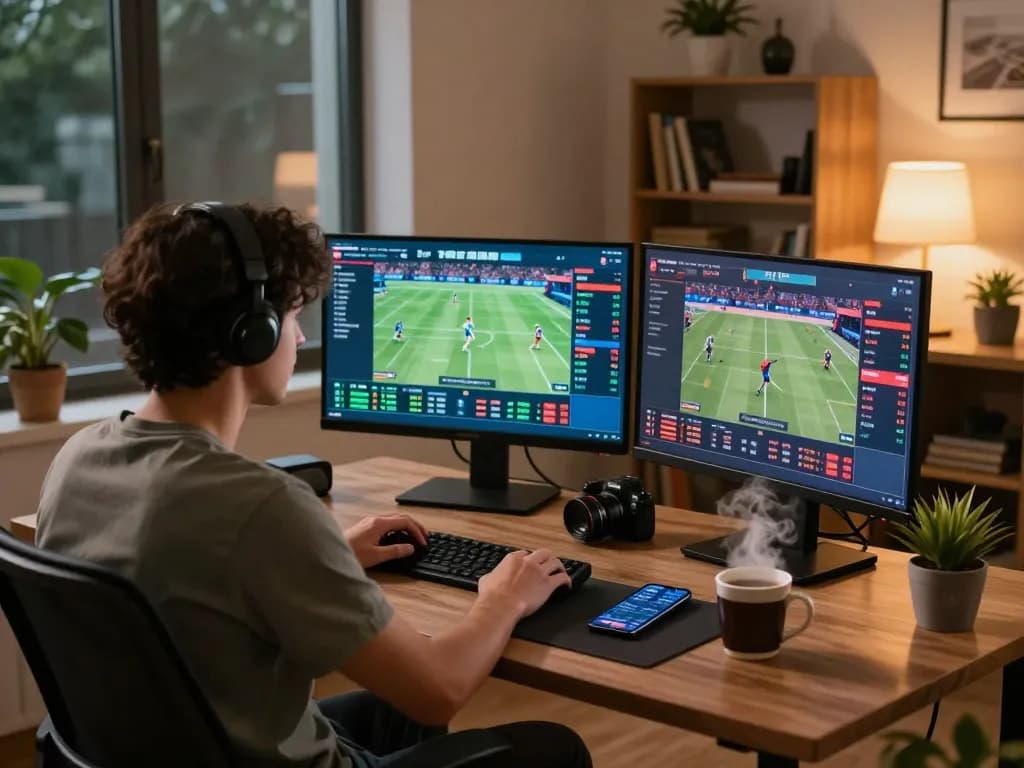 Engaging scene of online sports betting, focusing on ty le keo nha cai changing on screen, a user in action, creating an interactive experience.