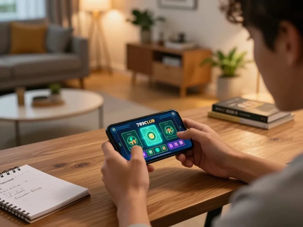 Engaging in mobile gaming on the 789CLUB app, showcasing responsible gambling in a cozy home environment.