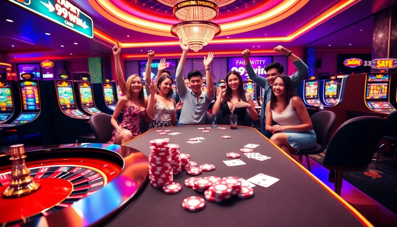 Players celebrating a win at 99win casino, with poker chips and cards on a vibrant table.