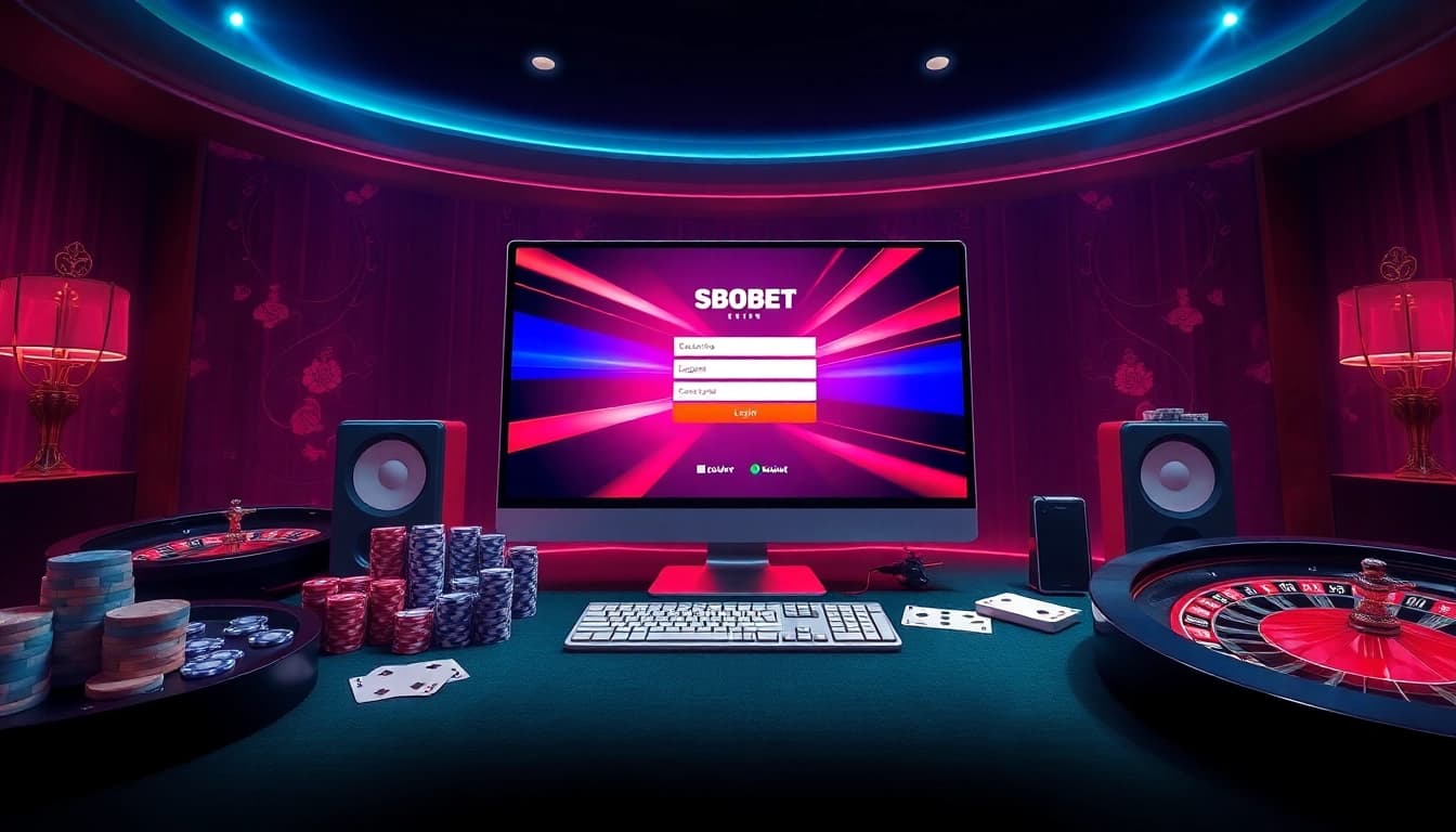 Engaging SBOBET login Indonesia online betting interface surrounded by casino elements.