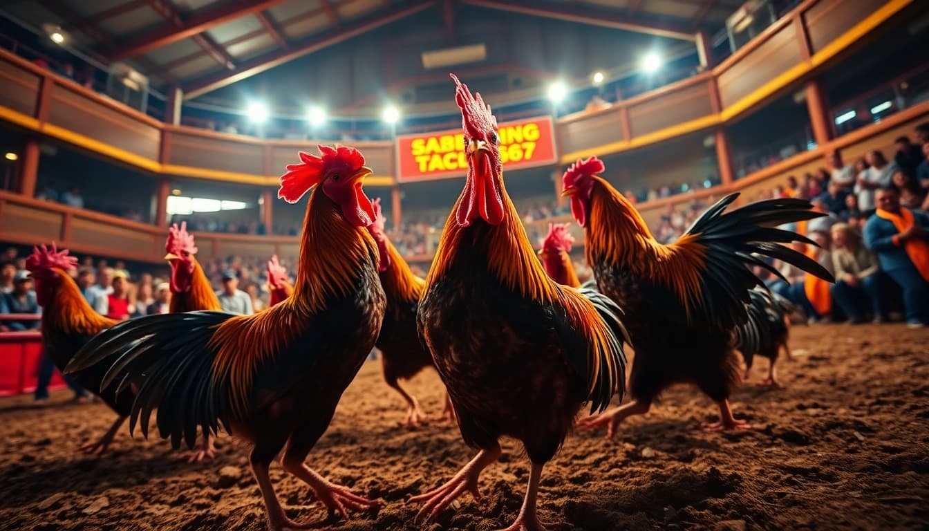 Intense live cockfighting at Sabong67, showcasing dagatructiep 1 in a vibrant arena with excited spectators.