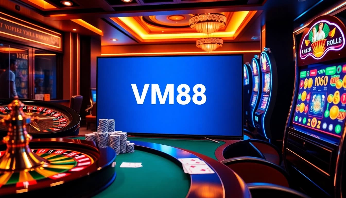 Engaged gamblers placing bets on VM88’s competitive digital casino tables with vibrant poker chips and roulette wheel in motion