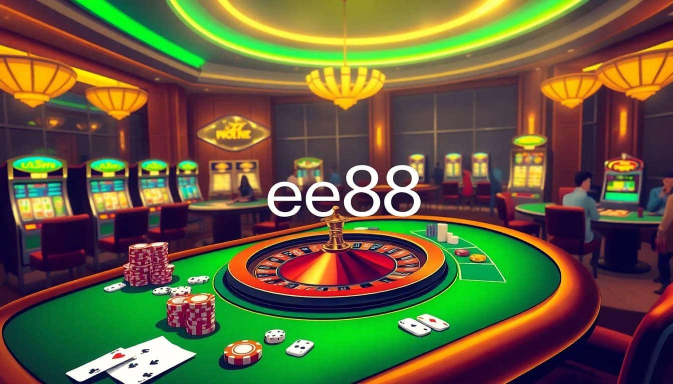 Experience the thrill of gambling at ee88 with luxurious casino tables and vibrant gaming elements.