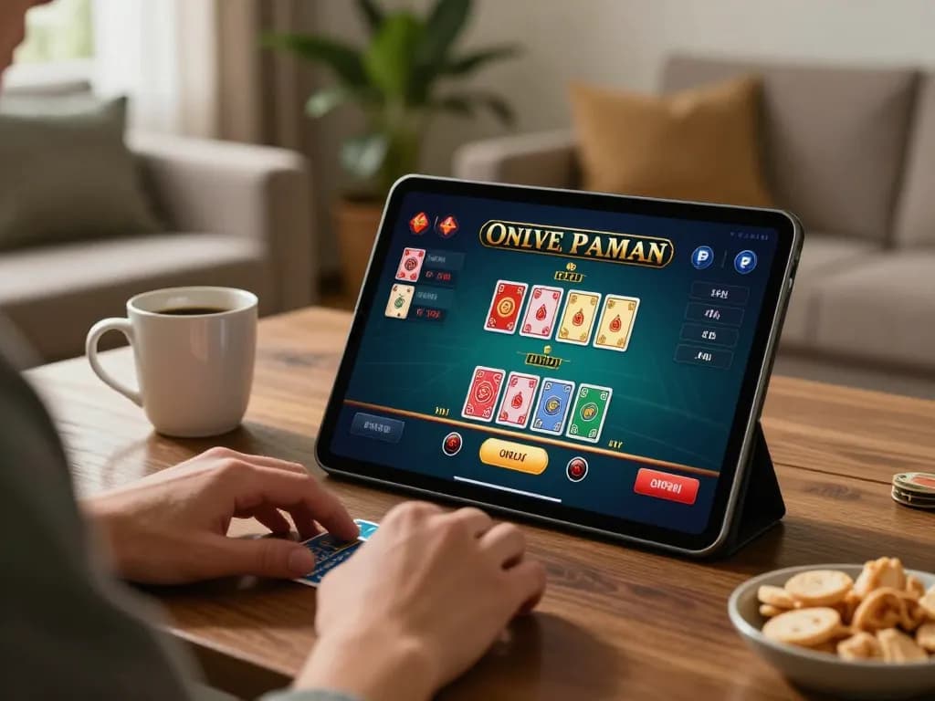 Engaging in kèo nhà cái gameplay on a tablet in a cozy home setting, focusing on live dealer casino action