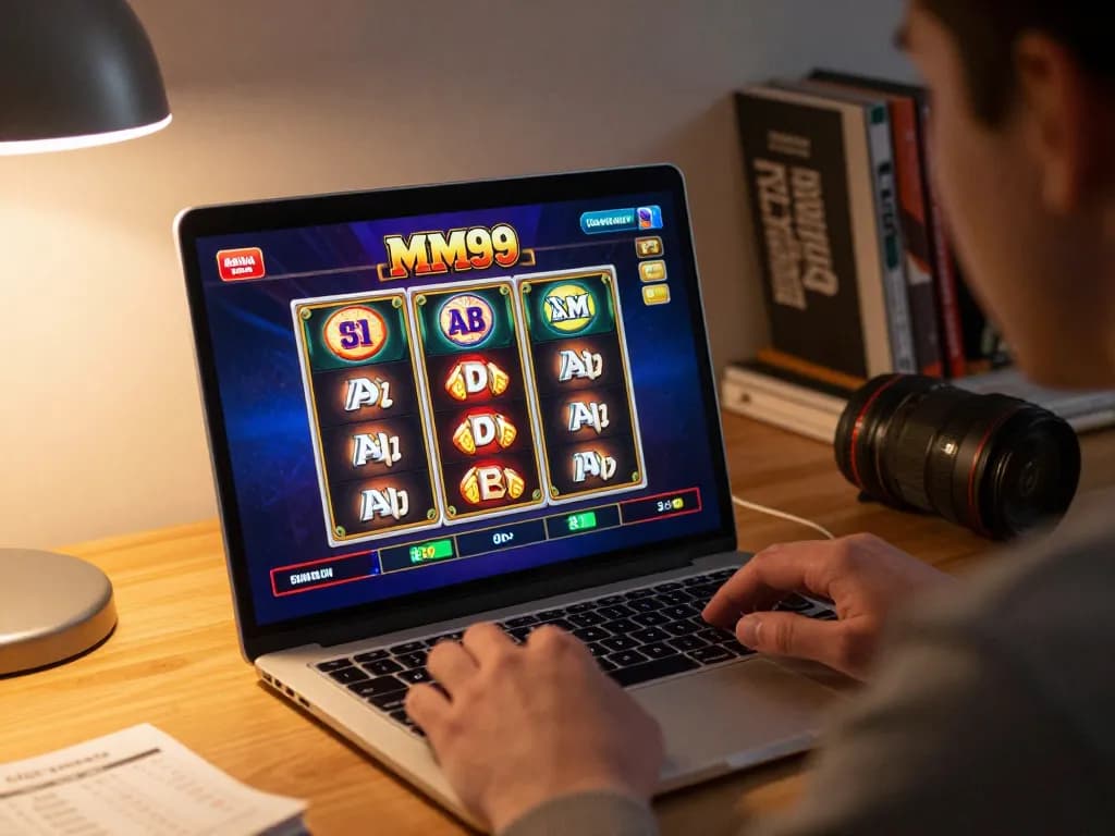 Engage with MM99's thrilling games in a cozy home setup showcasing online casino excitement.