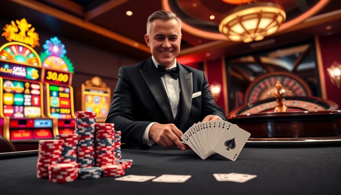 RR88 casino exhibiting a sleek poker table with high-stacked chips and a roulette wheel, symbolizing excitement and luxury.