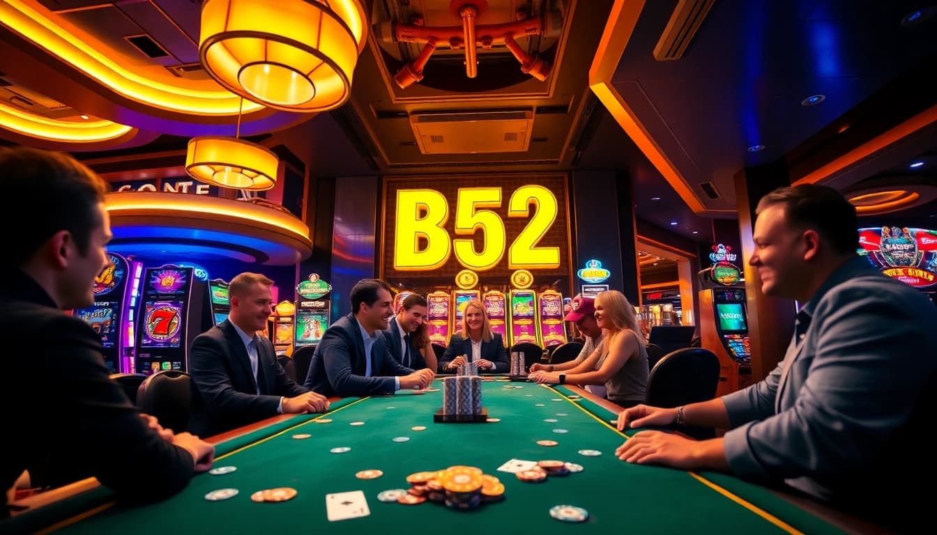 B52 club vibrant gaming atmosphere with players enjoying poker and slot games.