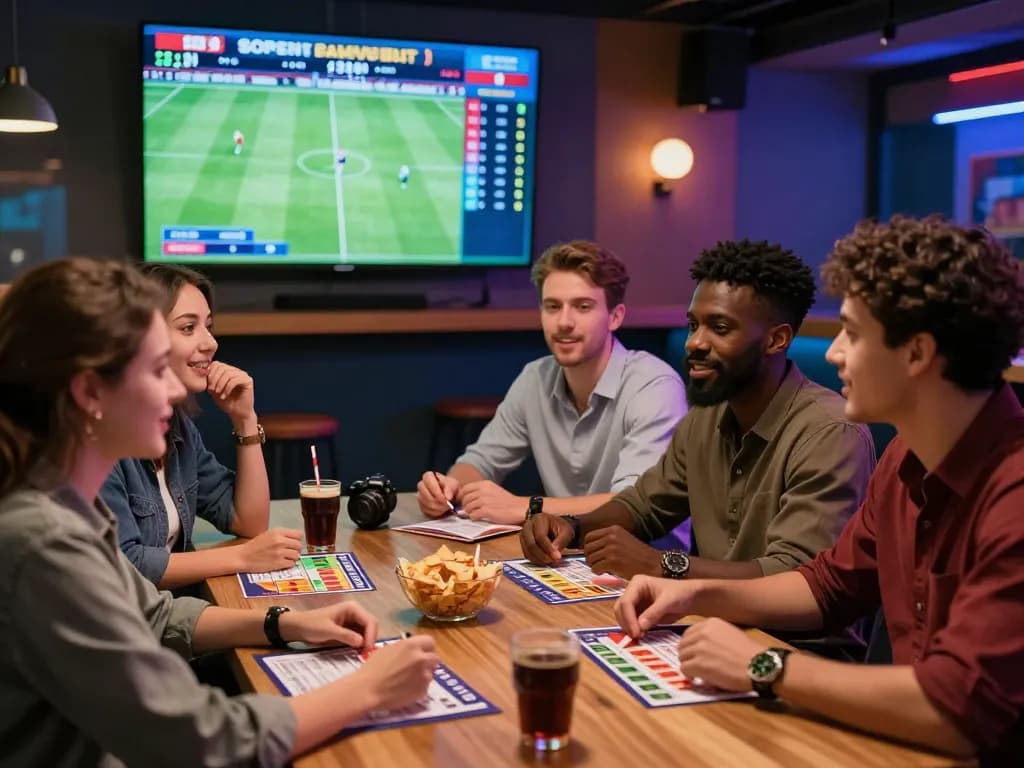 Group of bettors analyzing Tỷ lệ cá cược in a lively sports lounge, surrounded by digital screens and betting slips.