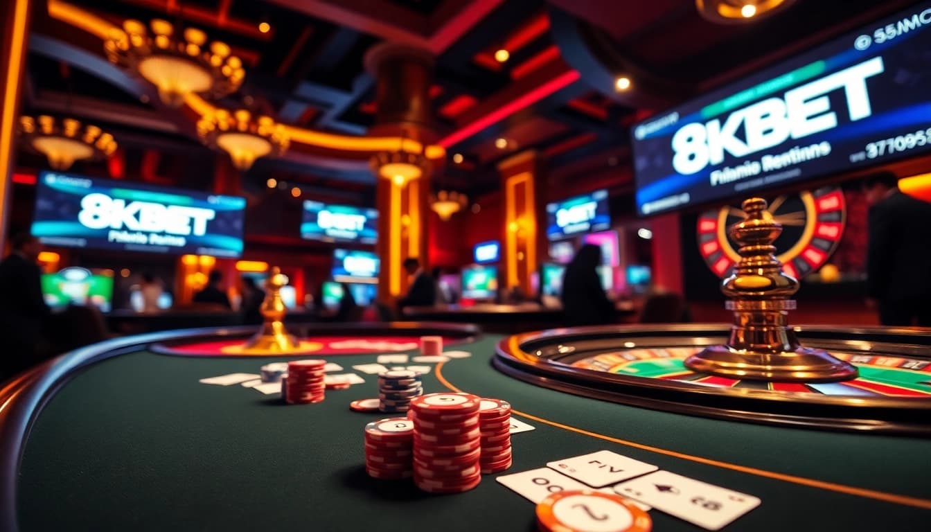 Place bets and enjoy stunning casino action at https://8kbet.ink/, featuring poker chips and a spinning roulette wheel.