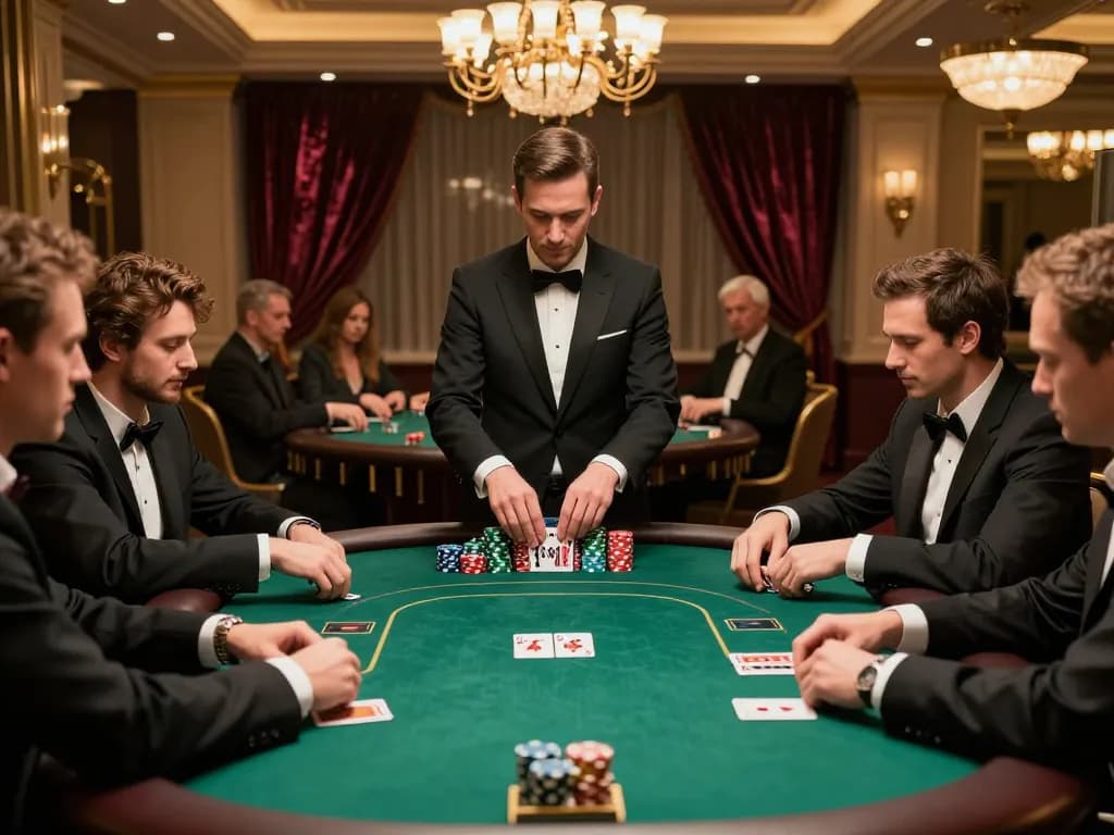 Players enjoying SC88 vip poker game in an upscale casino setting with plenty of chips.