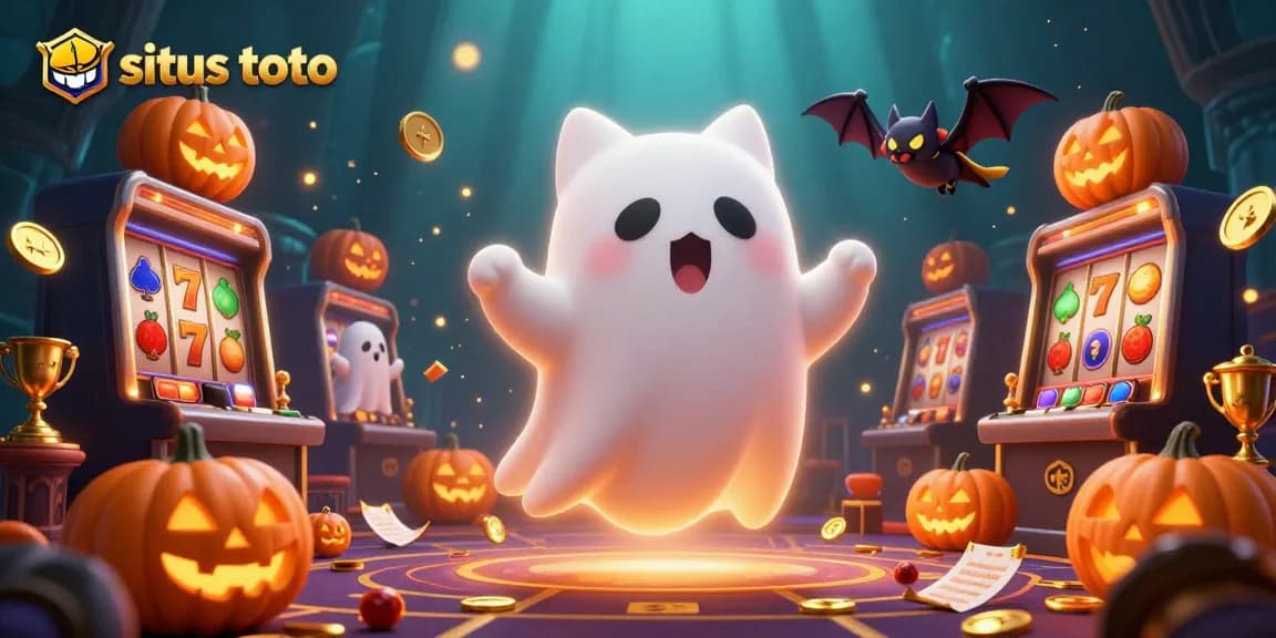 Engage in situs toto gaming with a friendly ghost cat and bat in a haunted casino scene.