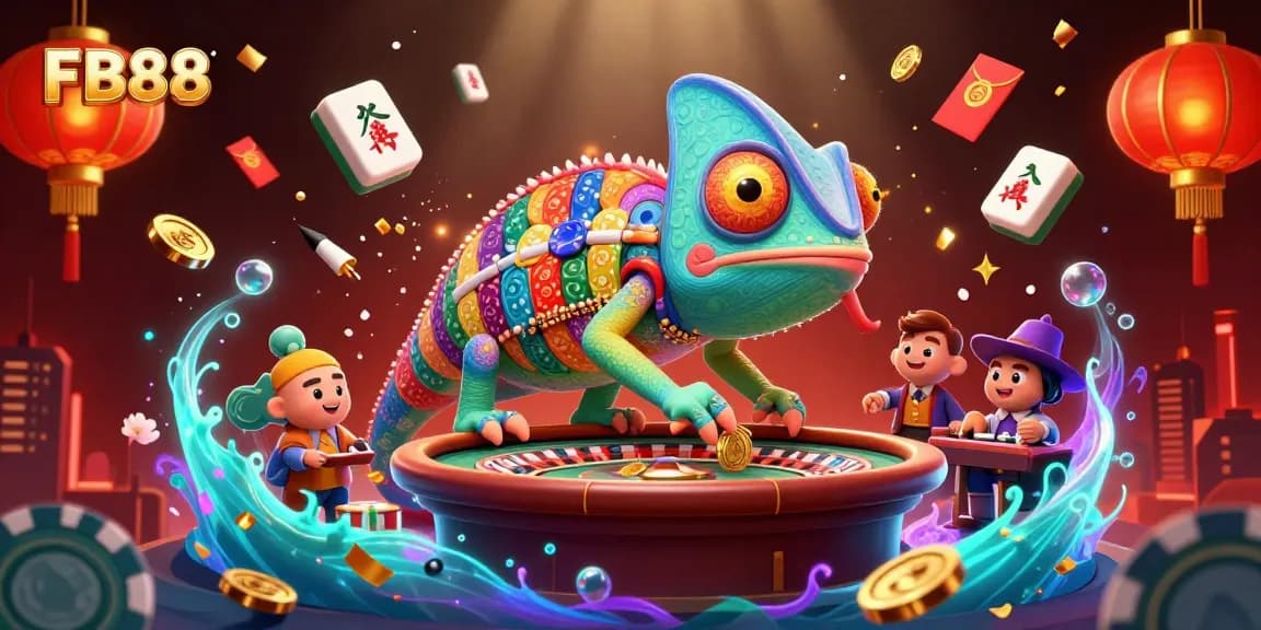 Win big at FB88 with an energetic chameleon casino owner amidst colorful games and vibrant decorations