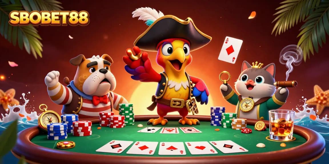SBOBET88 offers an exciting gambling scene with engaging poker elements and characters making bets.
