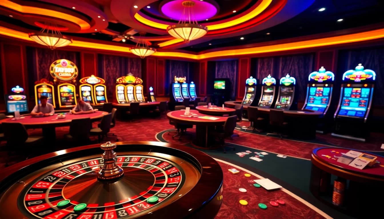 Taya365 Casino vibrant gambling scene with roulette, poker tables, and slot machines.