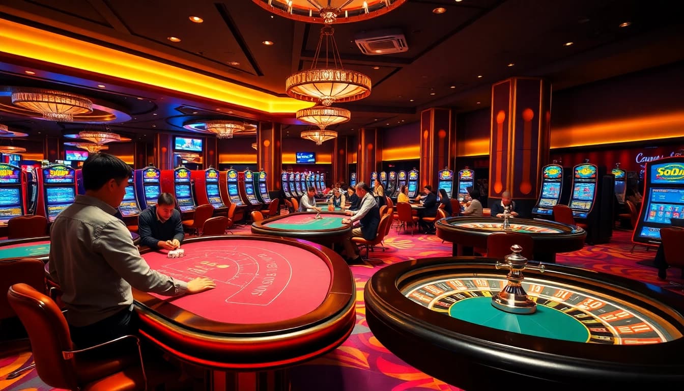 Engaging players enjoying a vibrant casino atmosphere at SODO66, featuring poker tables and slot machines.