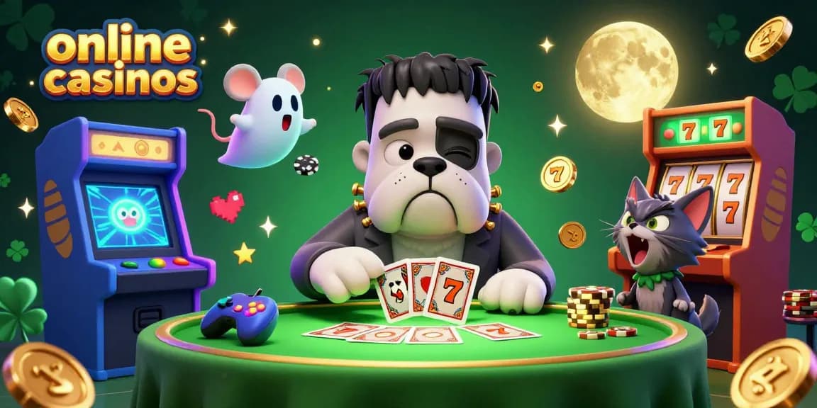 Engage in thrilling online casinos with a Frankenstein bulldog dealer, ghost mouse, and a golden full moon.