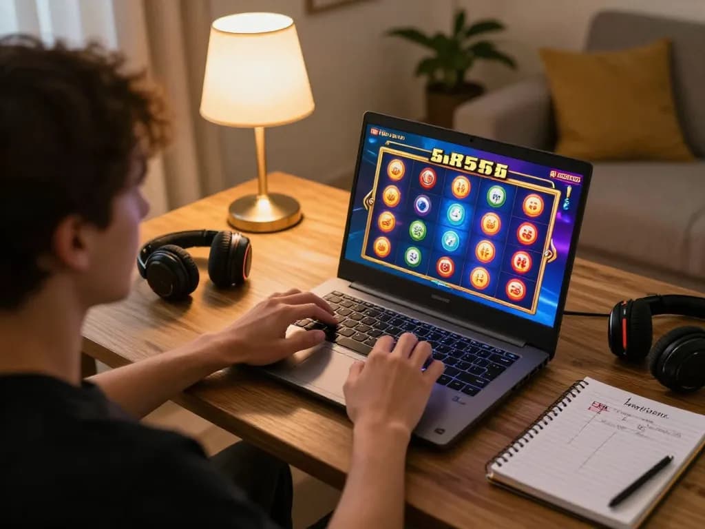 Engaging gameplay at bl555 as player spins colorful slot machine reels on laptop in cozy home setup.