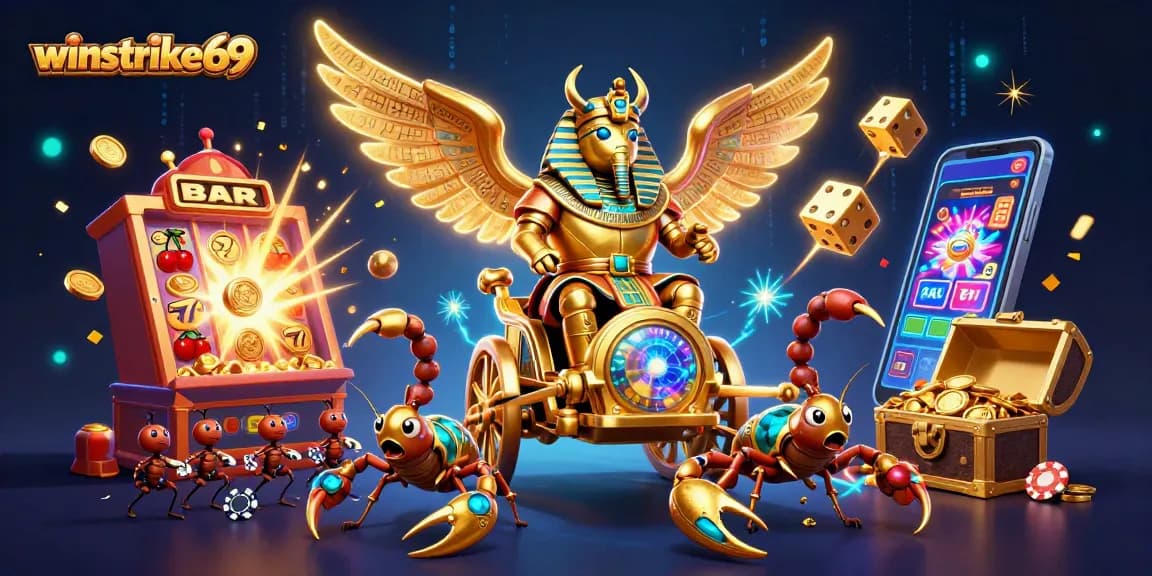 Experience luck with winstrike69, featuring a golden scarab beetle hero and lucky symbols in a colorful casino scene.