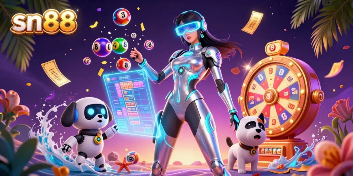 Experience elite gameplay with sn88 in this vibrant casino scene filled with lottery and gaming elements.