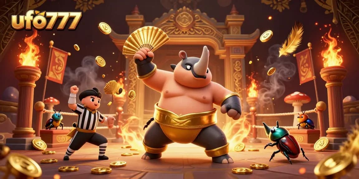 Experience thrilling gameplay with ufo777 featuring a beetle sumo champion and referee in a dynamic casino arena.
