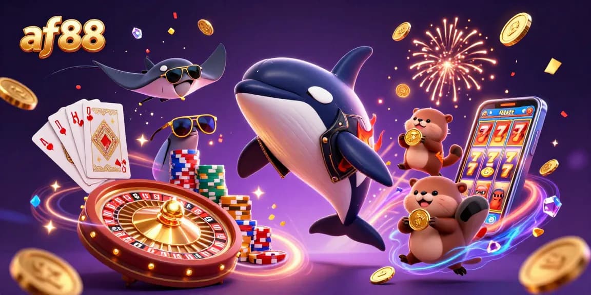 Engage in thrilling wins at af88, featuring an exciting scene with gambling elements and colorful characters.