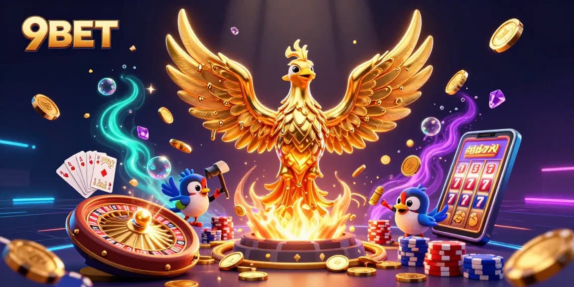Experience the thrill of 9BET with golden phoenix and vibrant casino elements.