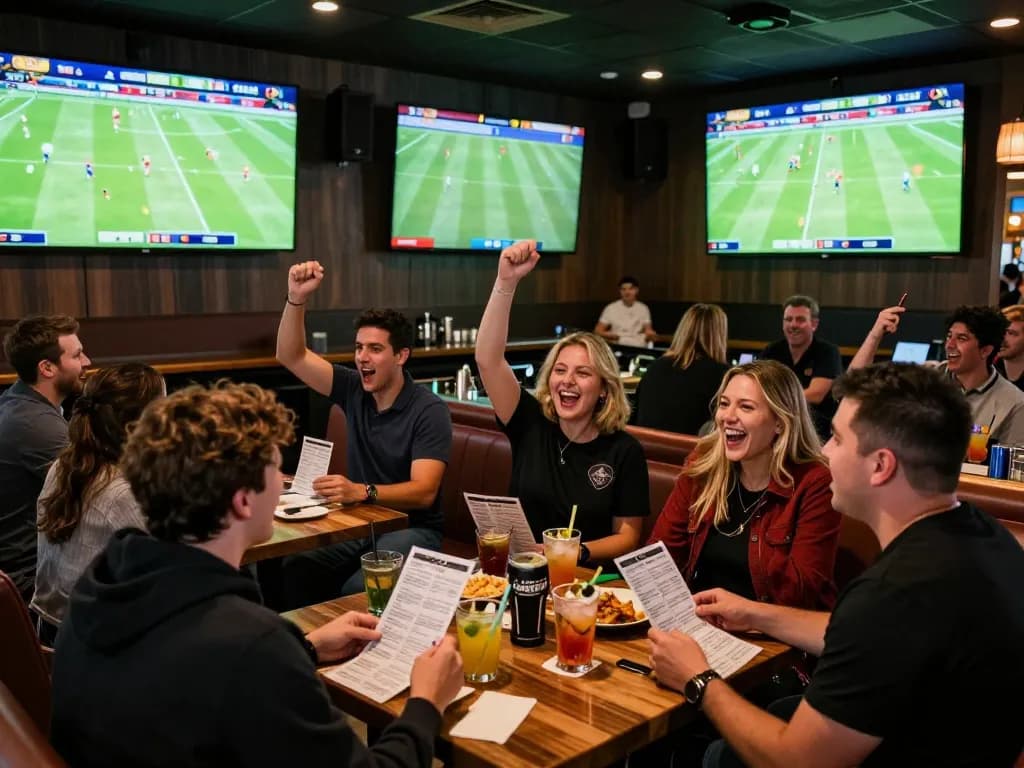 KÈO TRỰC TUYẾN enthusiasts eagerly placing bets in a lively sports bar during live matches.