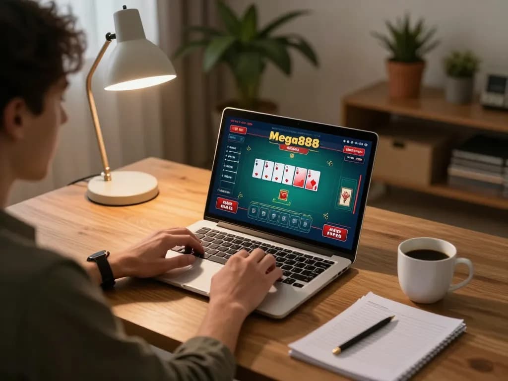 Mega888 online gaming session with a player engaged in a poker game at home.