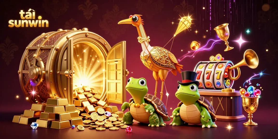 Engage with the excitement of tải sunwin through a vibrant 3D casino scene featuring slot reels and whimsical characters.
