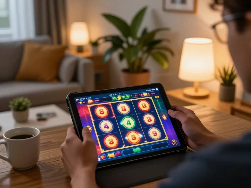 This engaging scene at https://mm88.today/ showcases a person enjoying mobile slot gaming in a cozy home, blending comfort with entertainment.