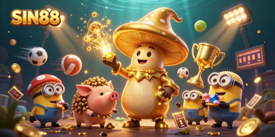 SIN88 sports betting adventure with a golden wizard and treasure pig illustrating winning strategies.