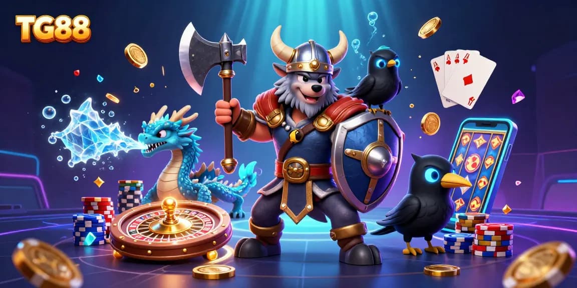 Engage in thrilling gaming at TG88 with playful Viking warriors and a dazzling casino scene.